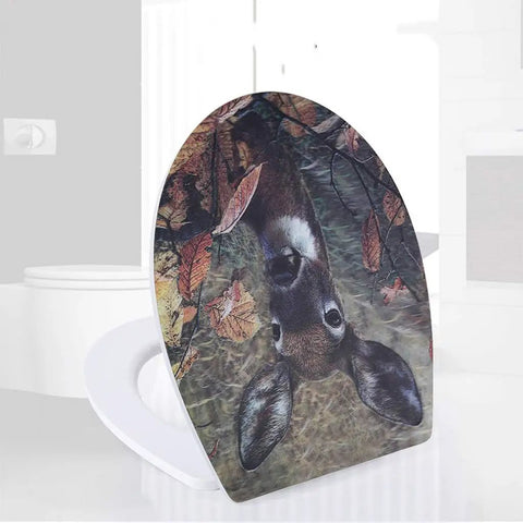 Upgrade Your Restroom With This Smooth Quick Release Round Wooden Toilet Seat Featuring A Fresh Drip Art Print and deer design