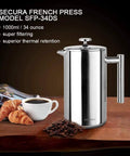 34oz 304 Stainless Steel French Press Coffee Maker With Insulated Double Wall Carafe Three Layer Filter System on table