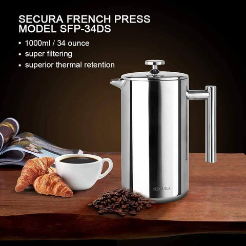 34oz 304 Stainless Steel French Press Coffee Maker With Insulated Double Wall Carafe Three Layer Filter System on table