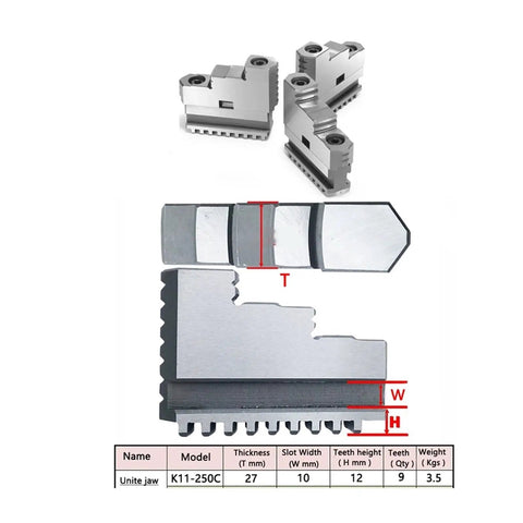 3 Jaw Lathe Chuck Jaws Kit 250mm Internal And External Soft Jaws For K11 250 with dimensions and specifications