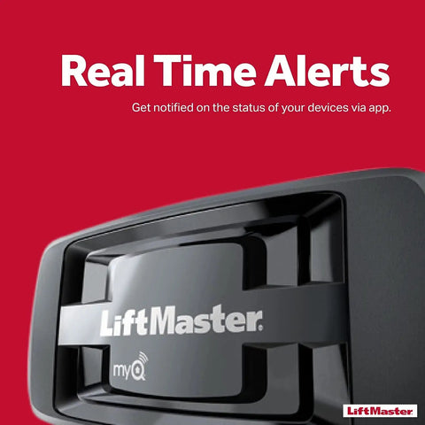 Close-up of Plug-and-Play Internet Gateway For Garage Door Openers With MyQ Two-Way Communication, featuring LiftMaster logo.
