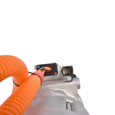 Bolt Right In 125W Belt Driven AC Compressor For Tesla Model S And Model X 2016 To 2020 with orange wiring detail.