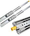 Tough As Nails Heavy Duty Locking Drawer Slide Rails With Full Extension Ball Bearing Side Mount Hardware For Workshop Tool Cabinets and Storage Shelves Supports Up To Eighty Inches Four Hundred Fifty Pound Capacity - Close-up view of two silver drawer slides with yellow features.
