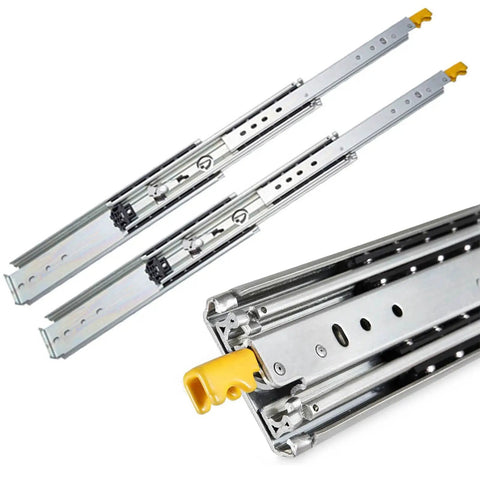 Tough As Nails Heavy Duty Locking Drawer Slide Rails With Full Extension Ball Bearing Side Mount Hardware For Workshop Tool Cabinets and Storage Shelves Supports Up To Eighty Inches Four Hundred Fifty Pound Capacity - Close-up view of two silver drawer slides with yellow features.