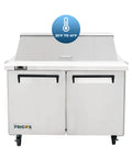 Heavy Duty Kitchen Bad Boy Commercial Sandwich Prep Refrigerator With Bain Marie Well And Eighteen Pan Capacity Built Like A Tank For Serious Meal Prep And Top Tier Cold Storage front view with dual doors.