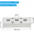 Three Way Five Port Aluminum Air Manifold Inline Block Splitter For Pneumatic Hoses with G1/2 and G1/4 Threads, dimensions labeled