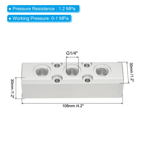 Three Way Five Port Aluminum Air Manifold Inline Block Splitter For Pneumatic Hoses with G1/2 and G1/4 Threads, dimensions labeled