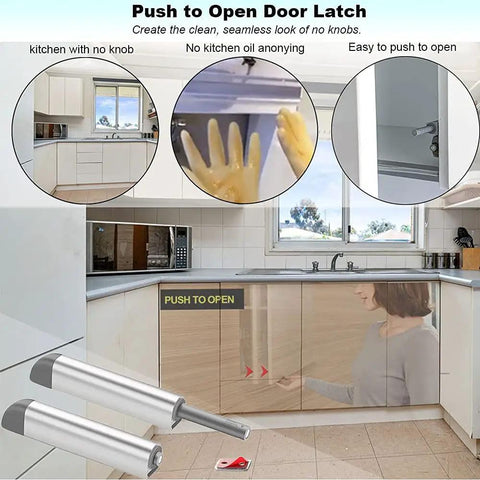 Push To Open Cabinet Latches 16 Pack Magnetic Door Release for hidden kitchen cabinets, silver finish, easy install