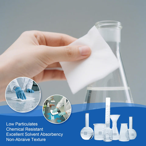 Person using Lab-Grade 9x9 Inch Cleanroom Wipes 150 Count Grade A 68 GSM Cellulose Polyester Blend Lint Free on glassware.