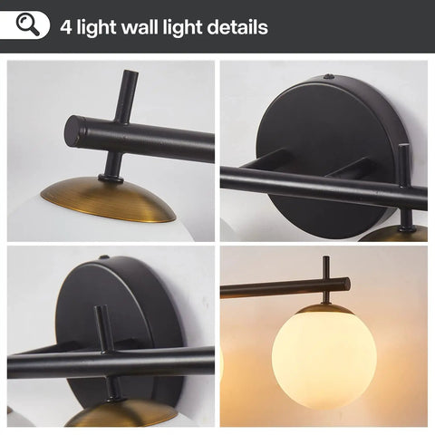 Details of 4 Light Vanity Fixture In Black Gold Finish With Milky Frosted Glass Shades, showing mounts and glass globe lighting.