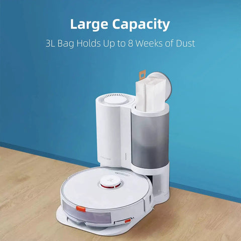 8 Pack Dust Bags For S7 And S7 Plus Auto Empty Dock Vacuum Cleaners, showcasing 3L large capacity dock with vacuum on wooden floor