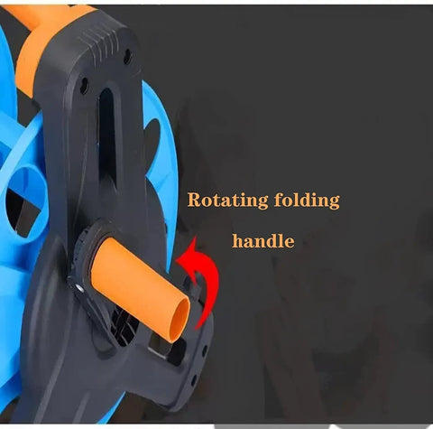 Portable Garden Hose Reel Cart With 50 Meter Hose And Nine Setting Spray Nozzle showing rotating folding handle and reel.