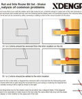 Diagram showing adjustment tips for Shaker Style Rail and Stile Router Bit Set For DIYers, highlighting shim placement for correct alignment.
