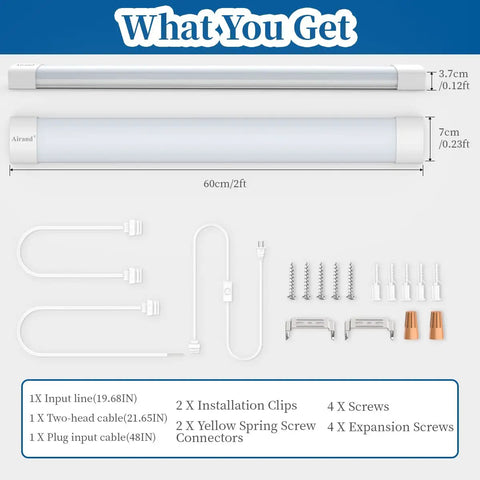2Ft LED Shop Light With Plug, Linkable 5000K Tube Light components including cables, screws, and installation clips