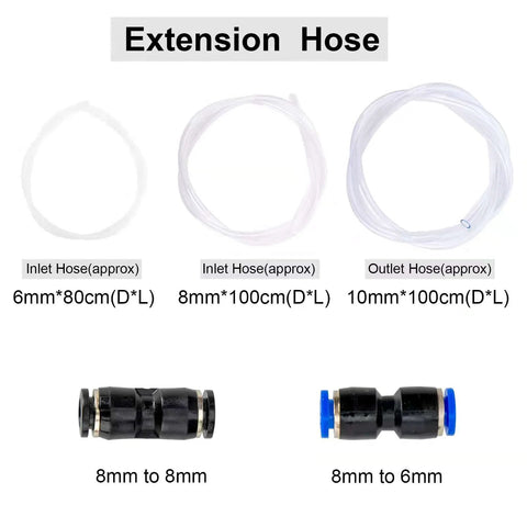 AIGMISON 12V 100W electric oil pump with three extension hoses (6mm, 8mm, 10mm) and adapters (8-8mm, 8-6mm).