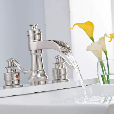 Matte Black Widespread Bathroom Faucet 8 Inch Centers With 2 Handles Waterfall Flow 3 Hole Farmhouse Vanity Sink Faucet Pop Up Drain Assembly
