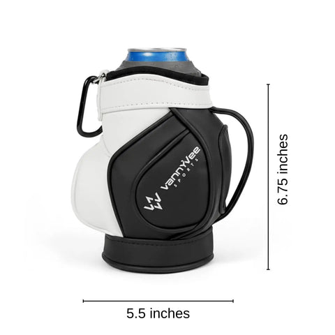 Two In One Golf Drink Holder Set With A 14oz Insulated Tumbler That Fits Cans And Bottles Keeps Mixed Drinks Cold On The Green A Dope Golf Accessory Gift For Men And Women; black and white mini golf bag design with a can inside.