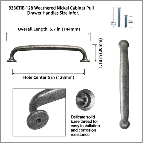 Diagram of Weathered Nickel Drawer Handles Six Pack With 5.04 Inch Center To Center Antique Iron Cabinet Pulls size and details.