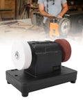 Depisuta Mini Bench Grinder Compatible With 20V Battery Tools. Dual grinding wheels on a compact black base for sharpening.