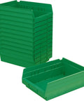 Heavy Duty Plastic Shelf Bins For Garage, Closet, And Drawer Organization 12 X 8 X 4 Inches Green 12 Pack, stacked and single view