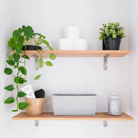 Heavy Duty 4X4 Inch L Brackets Solid Stainless Steel Corner Supports Rust Proof Shelf Braces Brushed Finish 4 Pack For Home Shelves used to hold floating shelves with plants and decor.