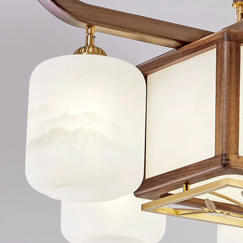 Straight Up Smooth Rectangular Wooden Pendant Light With Black Walnut Finish Hangin Easy In Any Living Space Or Cafe Delivering Top Tier Ambient Vibes And Energy Smart 90W Ceiling Lamp For Bars And Dining Rooms, showcasing frosted shades and walnut wood details.