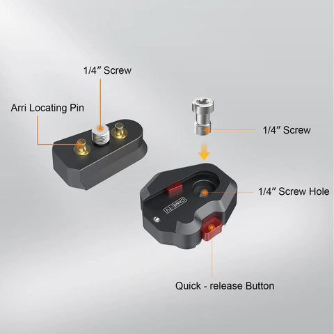 Compact Aluminum Quick Release Plate System with one quarter inch screw for Camera Tripods Gimbals, showing parts and assembly.