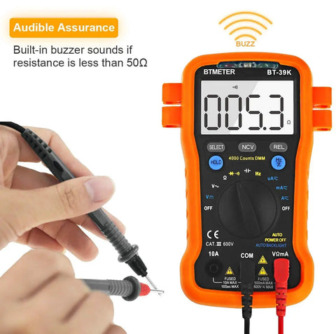 Person using BT-39K Digital Multimeter With Case Pro Grade 4000 Count Volt Ohm Amp Tester Auto Ranging Voltmeter DMM, backlight on.