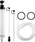 Grease Monkey Ready Manual Fluid Extractor Pump With Three Extension Hoses For Brake Fluid Swap And Gear Oil Transfer Solid Rubber Seal Blocks Leaks Keeps Your Shop Clean, showing pump, tubes, and seals.