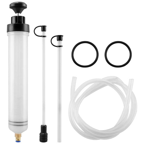 Grease Monkey Ready Manual Fluid Extractor Pump With Three Extension Hoses For Brake Fluid Swap And Gear Oil Transfer Solid Rubber Seal Blocks Leaks Keeps Your Shop Clean, showing pump, tubes, and seals.