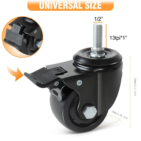 Heavy Duty 3 Inch Threaded Stem Casters With Dual Locking Swivel Wheels 1/2-13 X 1 shown with measurements