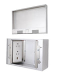 Recessed Floor Electrical Outlet Kit With Concealed Flat Layout For Clean Line Decor Smooth Glide Handle Mechanism Rock Solid Metal Build And Slick Hideaway Power Drop You Gotta Love, showing open mechanism and secure sockets.