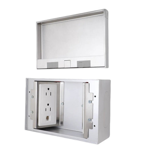 Tough As Nails Recessed Floor Power Outlet Kit With No Fuss Press Handle Cover featuring stainless steel design and USB ports.