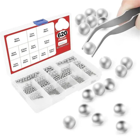Stainless Steel Bearing Balls Kit 620 Pcs Mini Solid Beads In 1mm To 8mm Pro Grade Precision Tolerance Rust Resistant For Bearings DIY Projects Jewelry Model Making Crafting Tools in organizer with tweezers