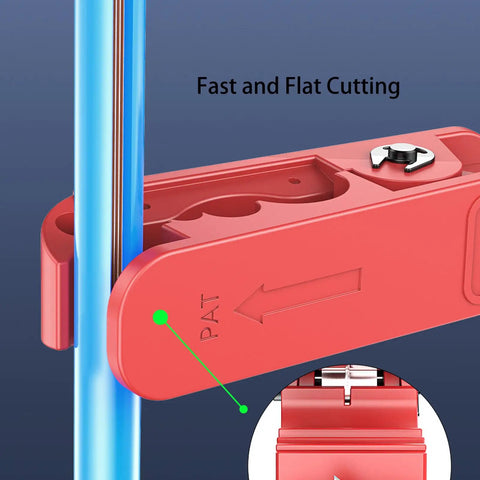 Lvifloae Wire Stripper Machine With Accurate Crimping 360 Degree Rotation Cutting Tool for Scrap Electrical Cable Network Connections Professional Grade Precision Work showing red cutting tool with blue cables.