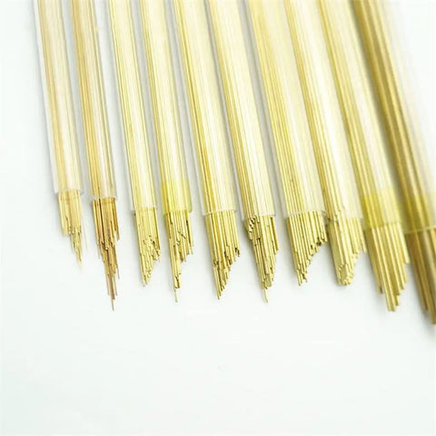 Brass Tubes And Rods Kit For EDM Drilling And Wire Cutting 100 Pcs Multi Hole Copper Tube For Slow Running Electrodes And Piercing Consumables 0.3mm X 400mm Length Easy To Cut And Process Pro Grade Quality close-up view of bundled brass rods.