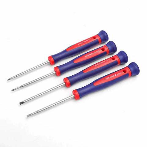 Four precision screwdrivers part of 125 Piece Household Tool Kit With 3.6 Volt Cordless Rechargeable Screwdriver And 13 Inch Portable Carry Bag