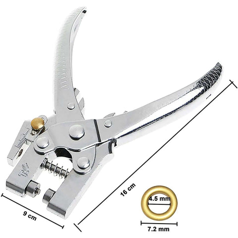 Heavy Duty Pro Grade Eyelet Pliers Kit With 3/16 Inch Grommets, silver punch tool with gold grommet, 16 cm length, 9 cm width