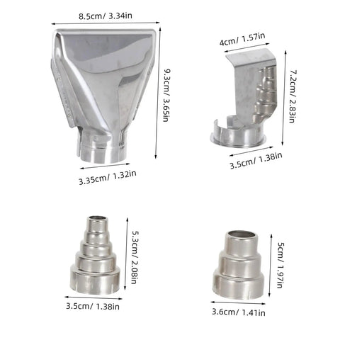 High Grade Stainless Steel Heat Gun Nozzle Set For Plastic Welding And Shrink Wrap Repair With Easy Swap Design and Energy Efficient Airflow, showing multiple nozzles.