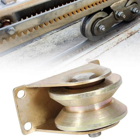 Professional Grade Kickass Heavy Duty V Groove Wheels For Sliding Gates And Patio Doors 2 Pack 60 Millimeter Steel Casters With Mounting Brackets close-up of wheel setup