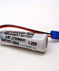 Pack of 2 3.6V 2700mAh LS14500-RR Lithium PLC Memory Batteries, close-up view of one battery with wire leads.
