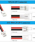 Diagram of MX2.0-2P and JST PH1.25-2P connectors, showing dimensions and front and back views for 2 Pack 3.7V LiPo Battery 300mAh Rechargeable For RC Planes Helis Drones And All Toys With XH254 Connector Compact 33x20x6mm USB Charging Cable Included