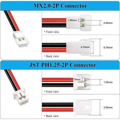 Diagram of MX2.0-2P and JST PH1.25-2P connectors, showing dimensions and front and back views for 2 Pack 3.7V LiPo Battery 300mAh Rechargeable For RC Planes Helis Drones And All Toys With XH254 Connector Compact 33x20x6mm USB Charging Cable Included