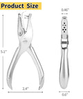 Durable 1/4 Inch Single Hole Puncher With 8-Sheet Capacity For Crafts, ergonomic steel body, side and front view with measurements