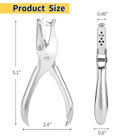 Durable 1/4 Inch Single Hole Puncher With 8-Sheet Capacity For Crafts, ergonomic steel body, side and front view with measurements