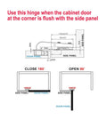Diagram of 90 Degree Soft Close Cabinet Hinges for Blind Corner Cabinets showing open and close positions with measurements.