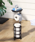 Free Standing Toilet Paper Holder Stand Dispenser With Top Shelf For Bathroom Storage in bronze finish holding rolls