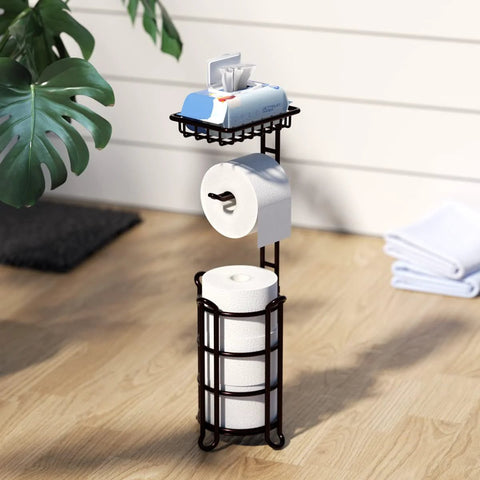 Free Standing Toilet Paper Holder Stand Dispenser With Top Shelf For Bathroom Storage in bronze finish holding rolls