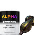 Killer Colorshift Pearl Auto Paint Basecoat Midcoat 128 Oz Gallon with a color shifting sample on display.