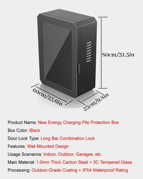 Top Shelf Outdoor EV Charger Pedestal With Keypad Lock For Tesla Model Y, black steel weatherproof protection box, wall-mounted design.